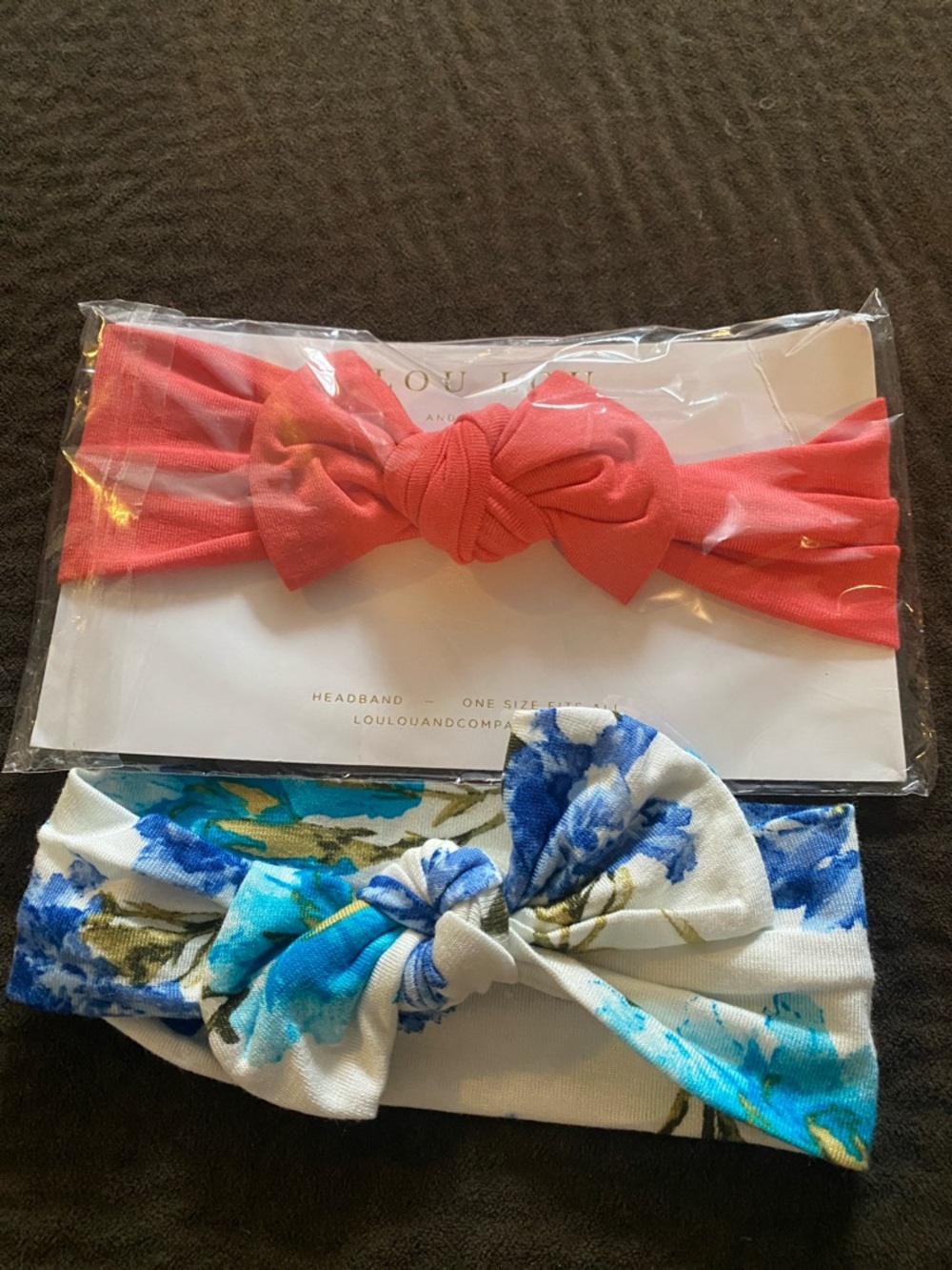 Lou Lou & Company Coral Pink Bow Headband and Blue Floral Knit Headwrap Set
